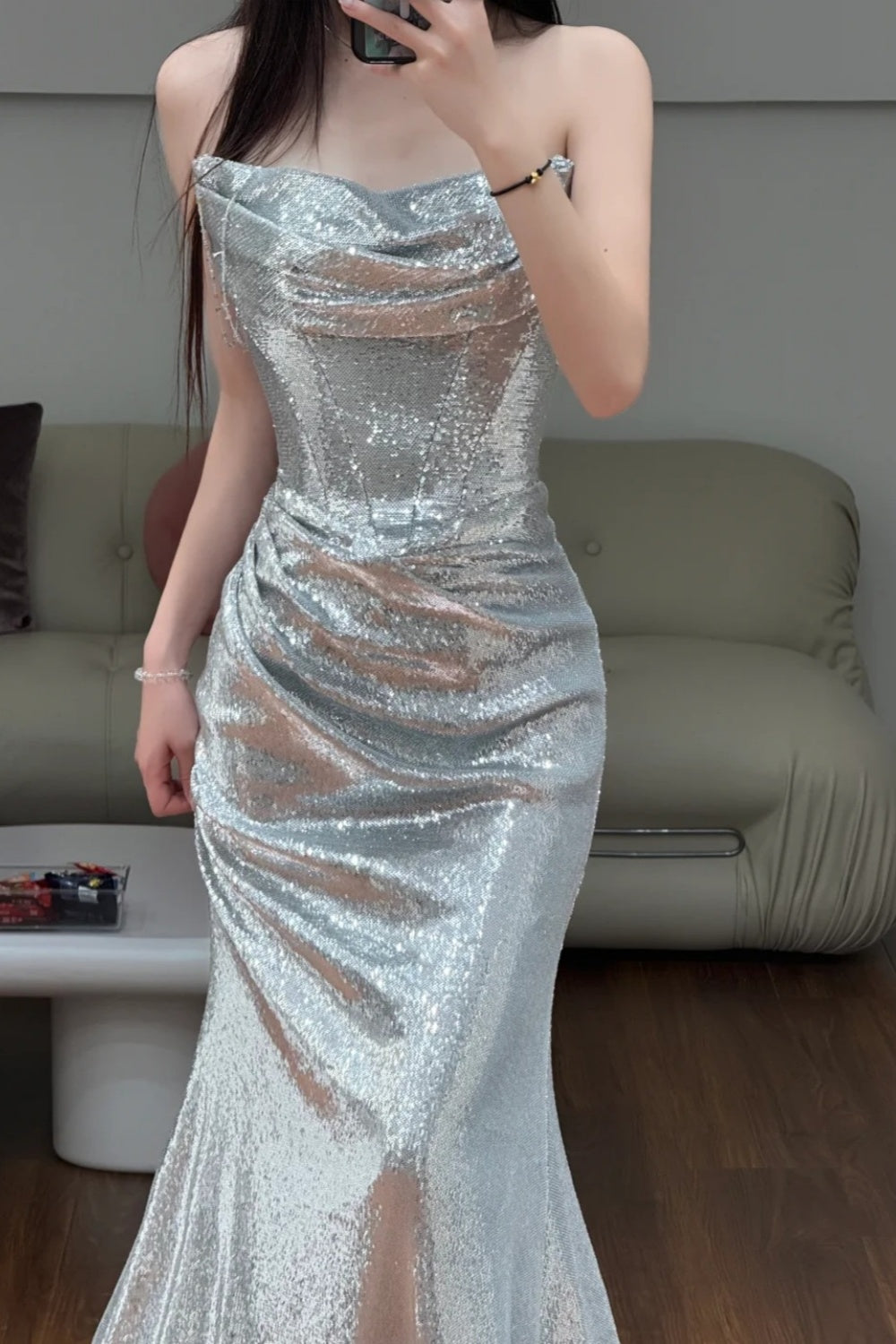 girlhomeshops - Robe de soirée sirène argentée scintillante amincissante gh6211