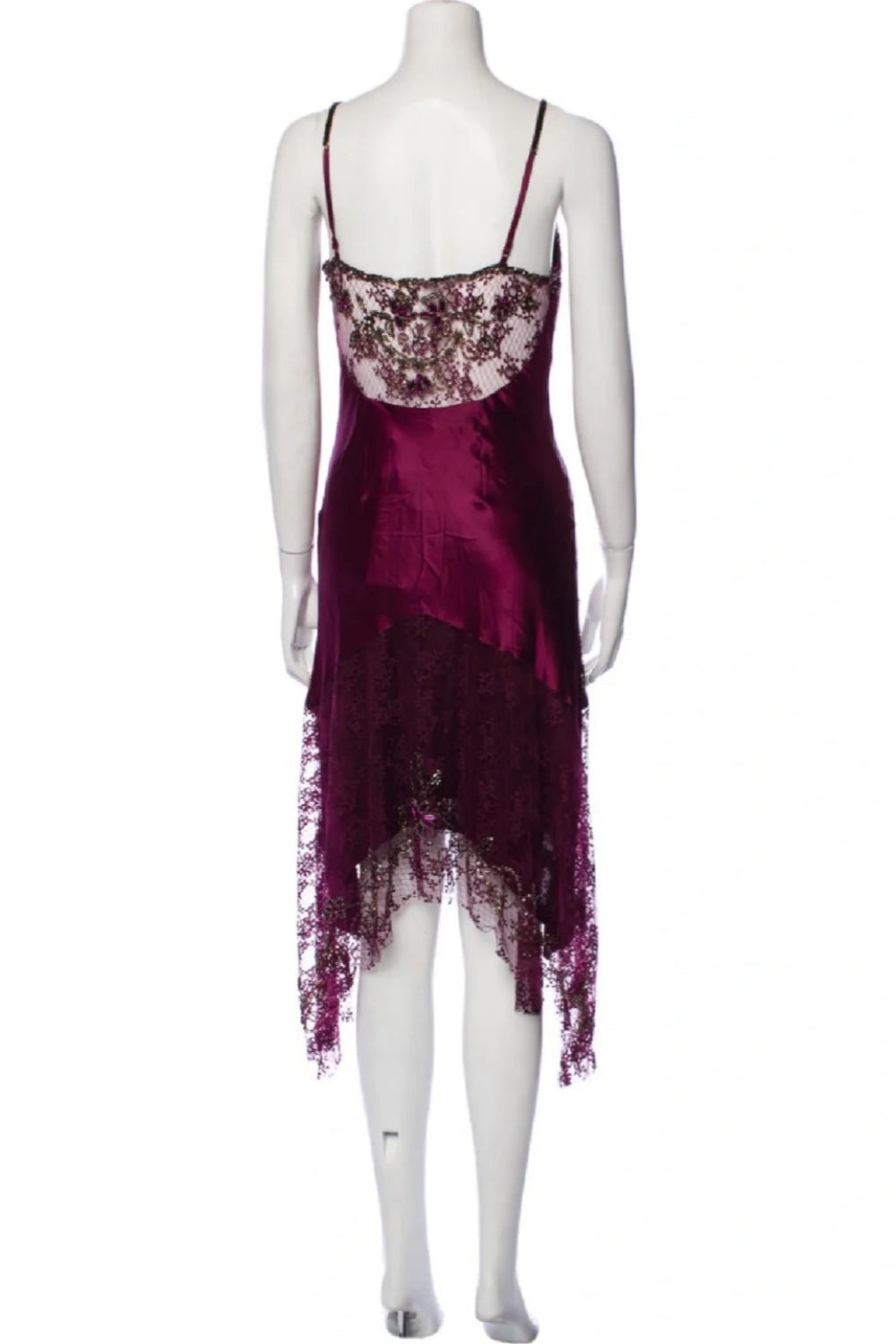 girlhomeshops-Burgunderfarbenes Satin-Spitzenkleid mit Spaghettiträgern, asymmetrischem Saum, Perlen- und Paillettenbesatz gh6308