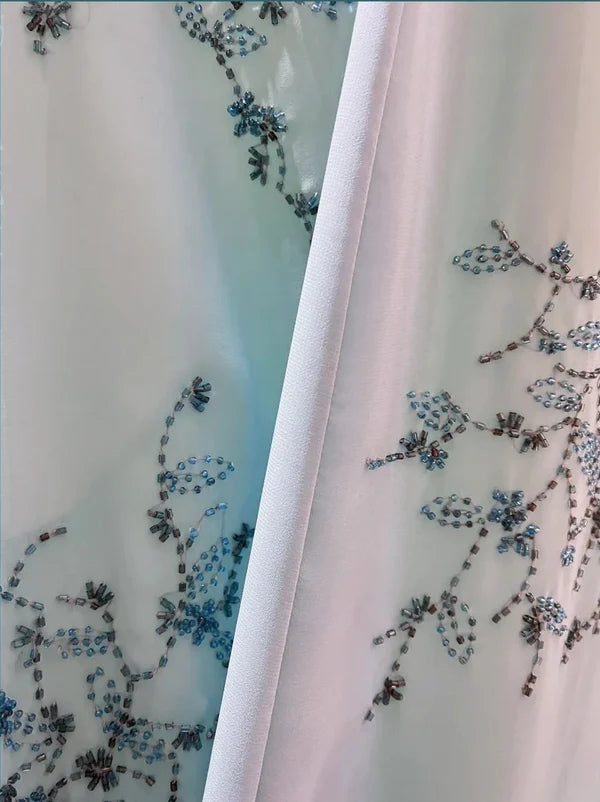 Robe de soirée longue en satin bleu, style vintage, avec perles exquises, motif floral, gh4434