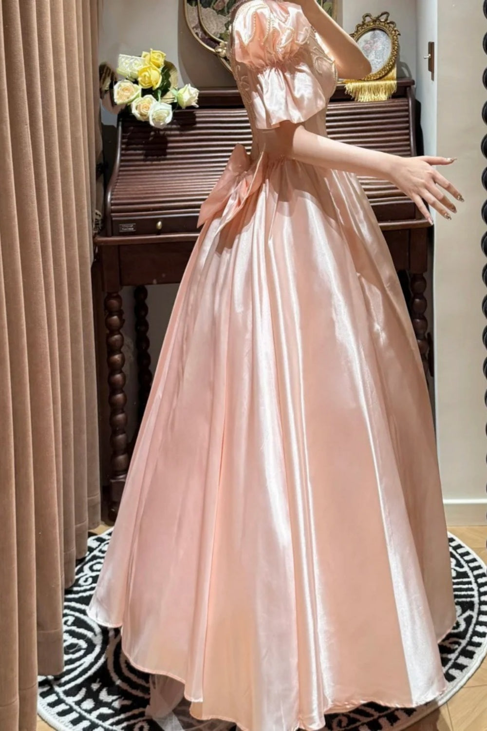 girlhomeshops-Rosa Exquisite Perlen Lange Satin Prinzessin Formale Ballkleid Abschlussballkleid Abendkleid gh5975