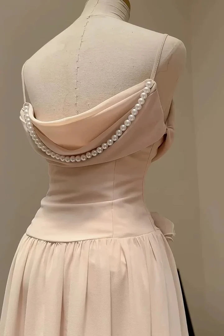 Rosa Elegante Rüschen Spaghetti Strap Perle Perlen A-Linie Ärmelloses Langes Chiffon Abendkleid Ballkleid Brautjungfernkleider gh4194