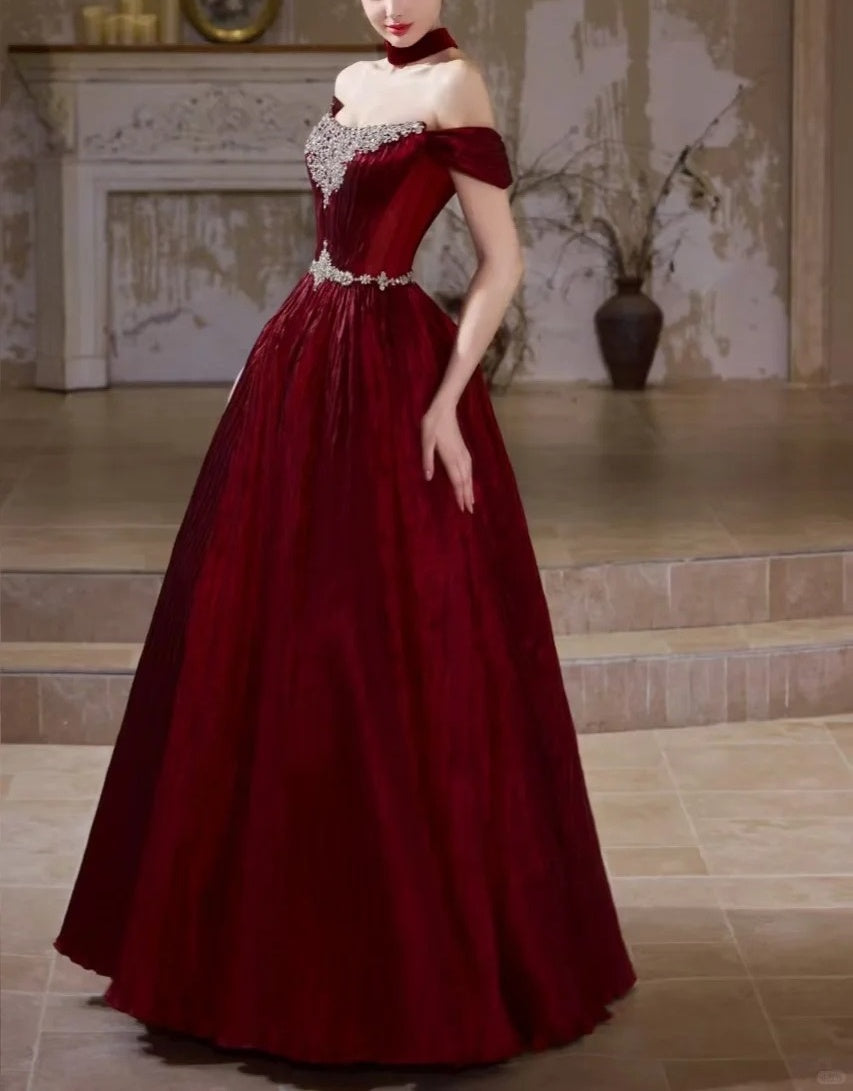 Girlhomeshops - Burgunderrotes, elegantes, langes Ballkleid aus Samt mit Strasssteinen und Perlen, Abendkleid gh5073