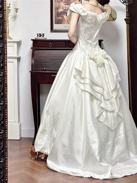 Ivory Vintage Satin Wedding Gown, Off‑the‑Shoulder Ruffle 3D Floral Neckline, All‑Over Lace Appliqués Fitted Bodice, Fitted Waist, Voluminous Satin A‑Line Ball Gown Skirt, Bridal Prom Dress gh8750
