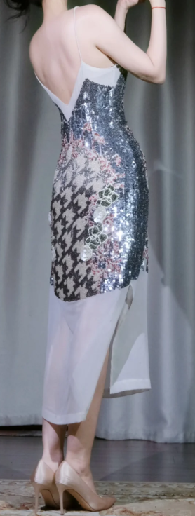 V Neck Spaghetti Strap Gatsby Evening Dress, Houndstooth Sequin Floral Beaded Chiffon Midi Formal Gown gh9894
