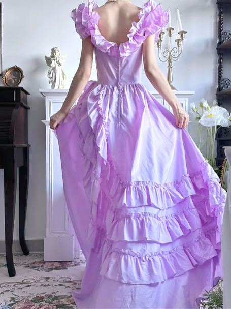 Lavender Vintage Ball‑Gown Prom Dress, Off‑The‑Shoulder Ruffle Bubble Sleeves, High‑Waist Fitted Bodice, Multi‑Tier Ruffled Voluminous Skirt, Taffeta Fabric, Manor‑Style Evening Gown gh8823