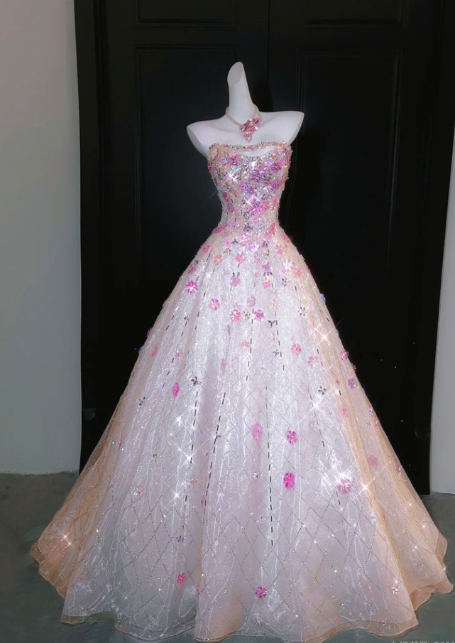 ✨Girlhomeshops-Nude Pink 3D Flower Strapless Ball Gown Prom Dress gh10189