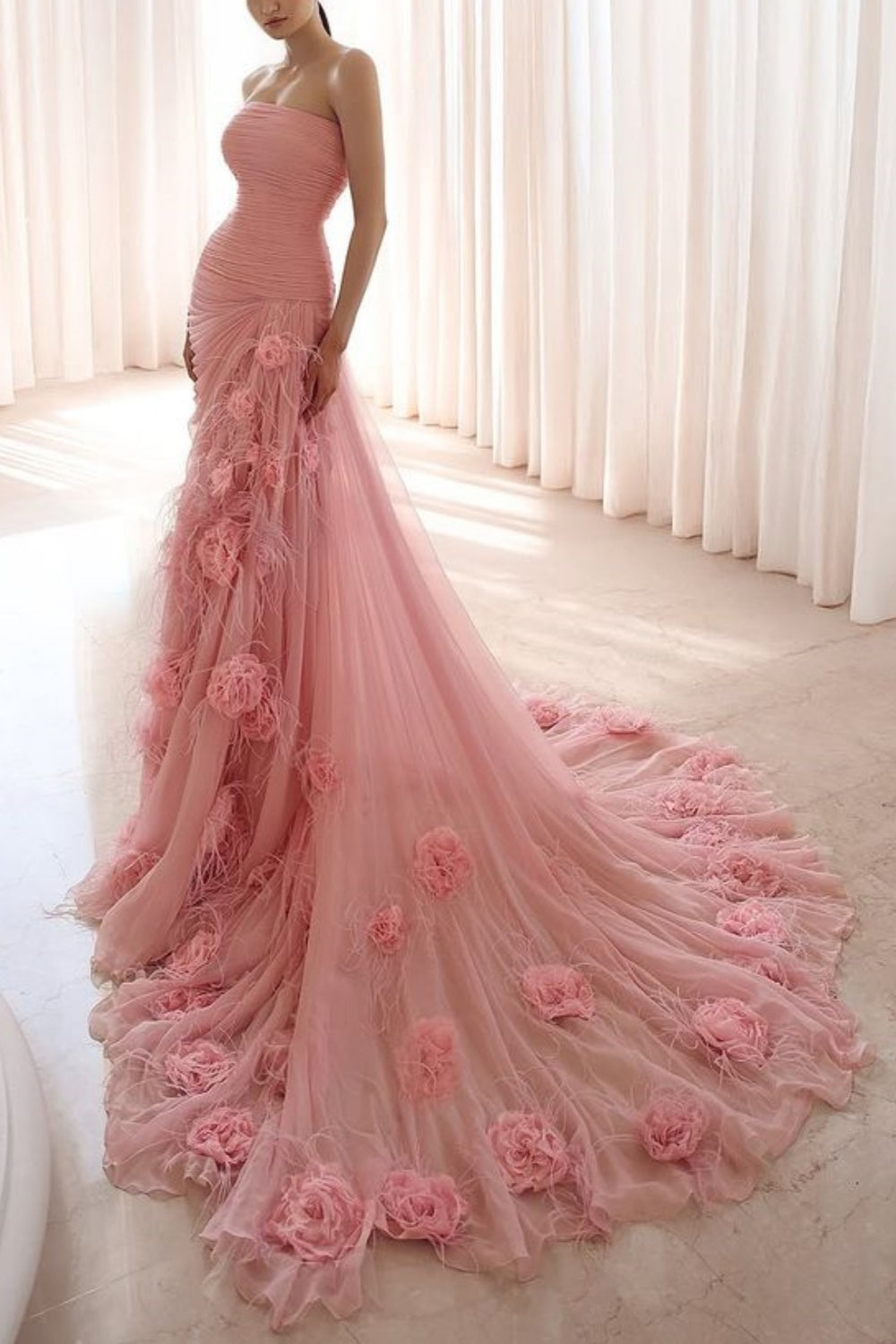 girlhomeshops-Rosa Elegantes Langes Tüll Ballkleid Brautkleid gh5950