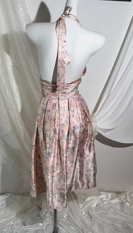 Vintage Light Pink Halter Long Prom & Evening Party Dress, Printed Pattern, Fitted Waist Silhouette gh8560