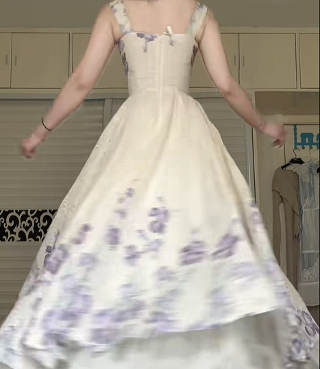 Ivory Purple Iris Print Midi Evening Gown, Square Sweetheart Neck Eyelet Embroidery A‑Line Formal Prom Dress gh8975