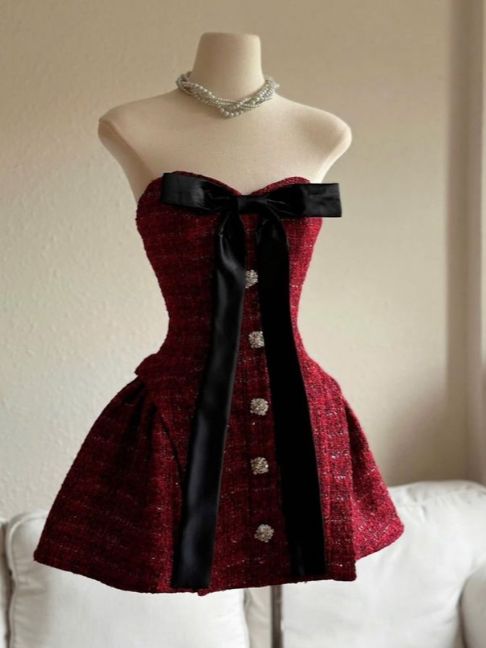 ✨Girlhomeshops🔥 Remise : 5 % de réduction sur les commandes de plus de 100 $ - Robe de soirée courte en velours bordeaux rétro gh4978