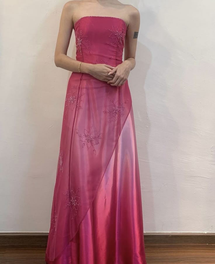 Robe de soirée longue en satin et tulle, élégante et raffinée, motif floral, dégradé de rose, avec perles, gh3663