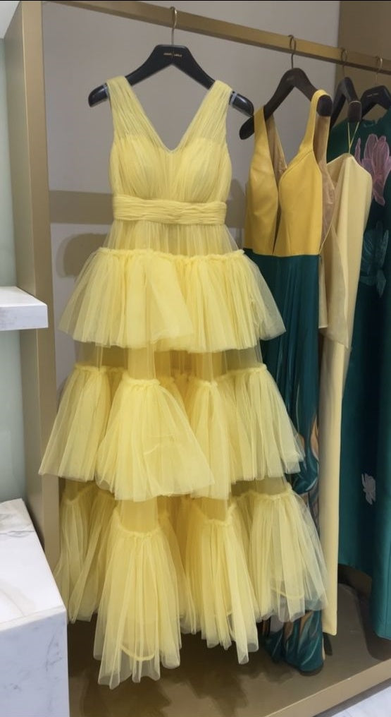 girlhomeshops - Robe longue jaune en tulle à volants superposés gh6202