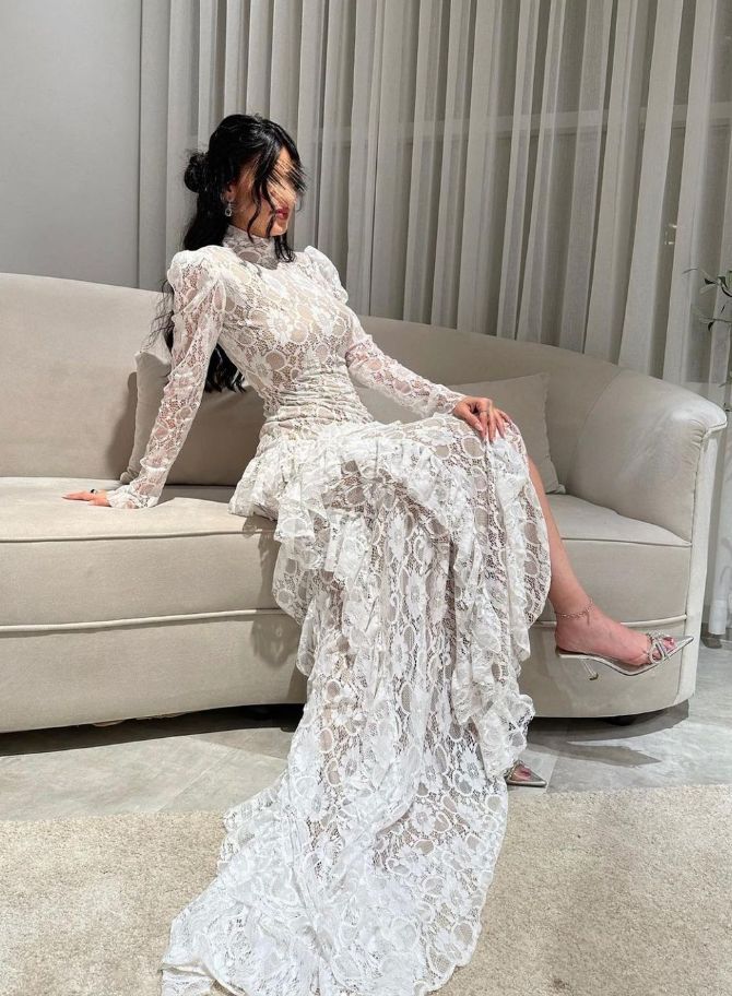 Fairy White Lace Train Maxi Dress | High Neck Puff Sleeve Ruffle Dress, Gala Friends Gathering Fashion Outfit gh6453