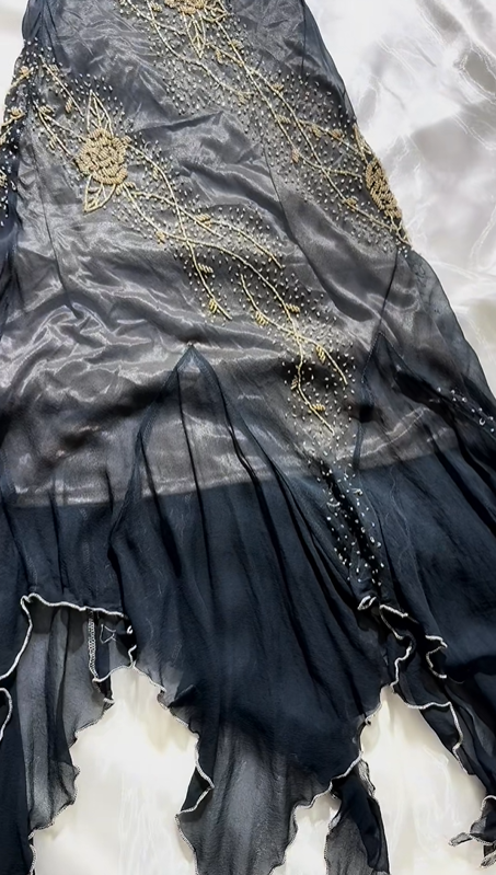 Vintage Long Prom & Evening Party Dress, Black Base Spaghetti Straps, Gold Beaded Details, Fitted Waist Slim Silhouette gh8585