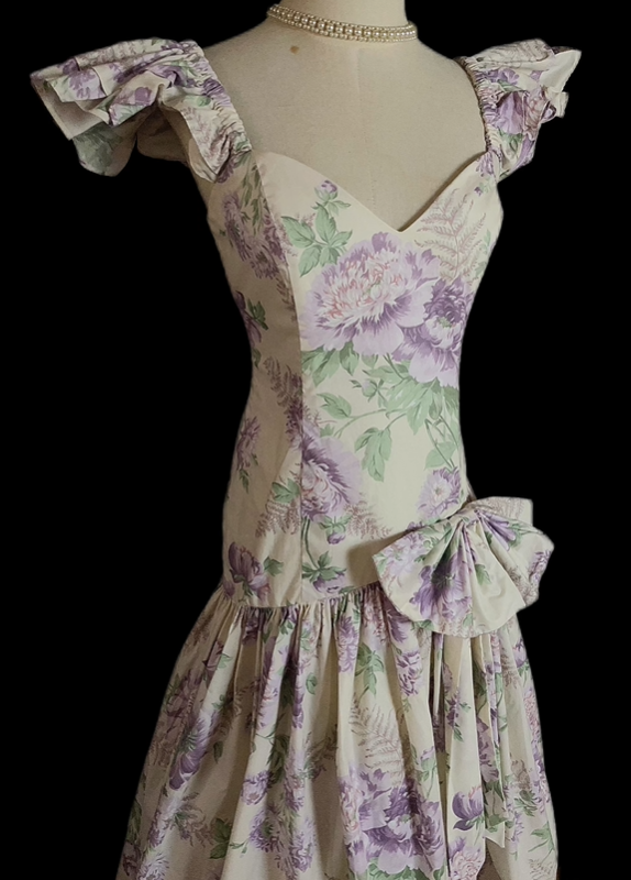 Elegant Vintage Purple Print Square Neck Fitted Waist Prom & Evening Party Dress gh8499