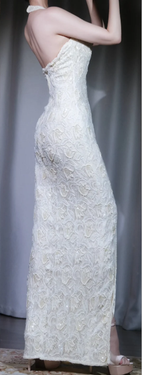 ✨Girlhomeshops-Ivory Halter 3D Floral Lace High Slit Mermaid Long Formal Dress gh10012