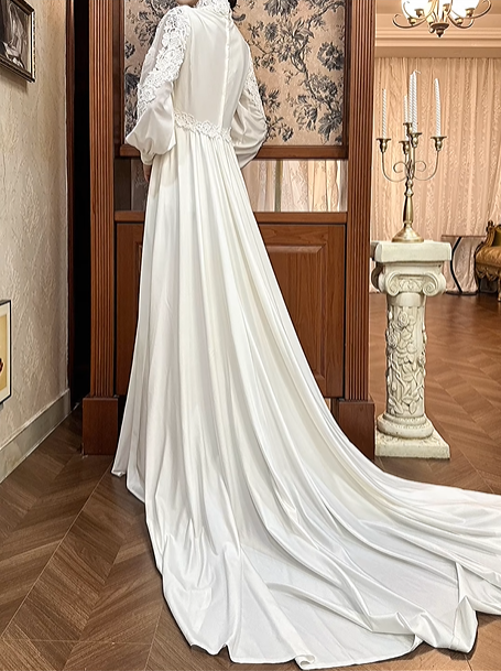 Ivory Vintage Empire Waist Wedding Gown, V‑Neck Lace Trim Neckline, Lace Mixed Puff Long Sleeves, Lace Appliqués Empire Bodice, Flowing A‑Line Long Skirt, Prom & Wedding Dress gh8688