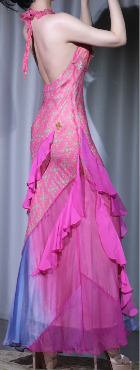 ✨Girlhomeshops-Fuchsia Printed Mermaid Evening Gown Halter Deep V Ruffle Chiffon gh10126