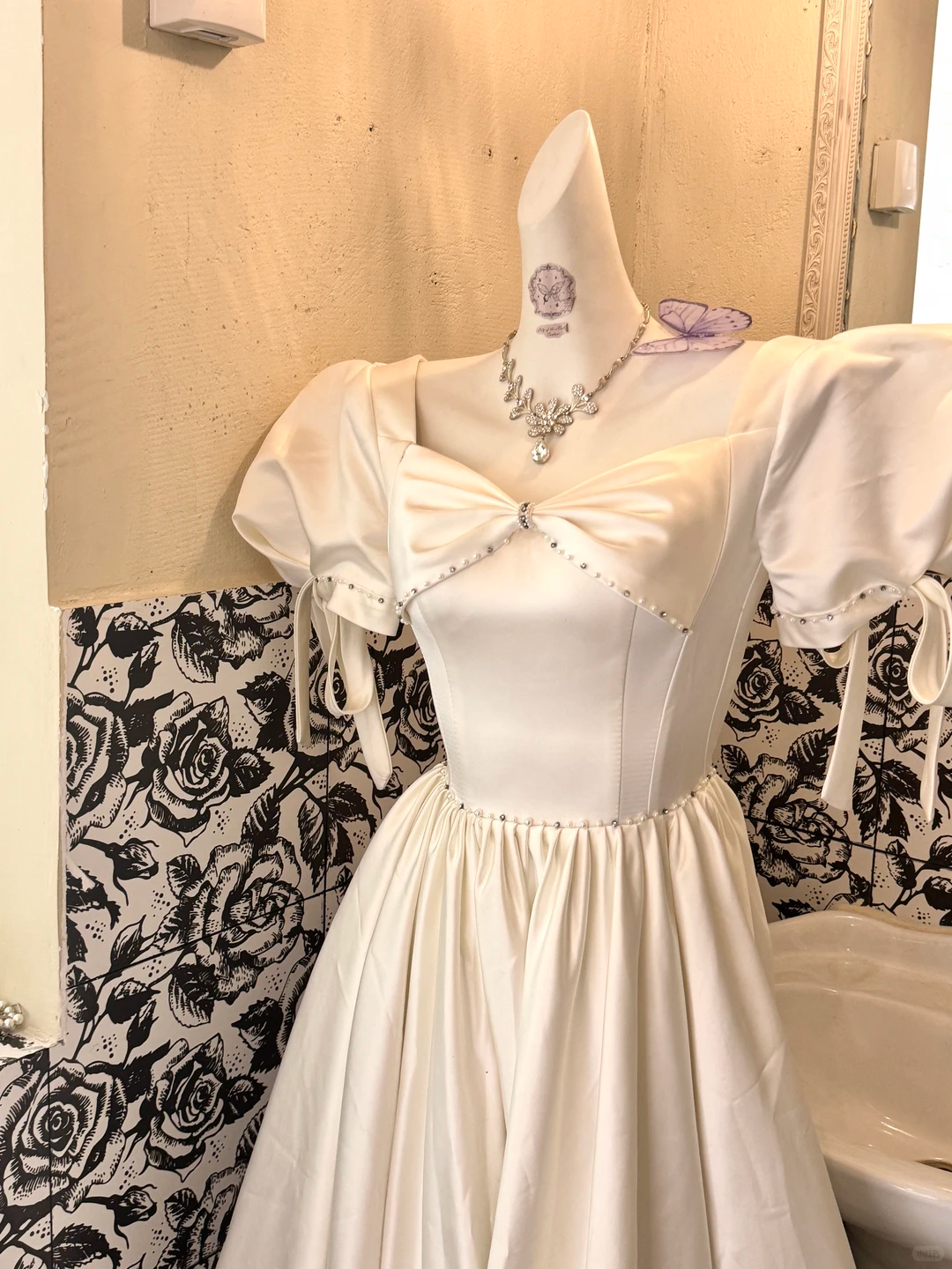 Ivory Satin Puff Sleeve Square Neck Waist-Cinched Full Flared Skirt Long Romantic Dress, Wedding Gown gh7748