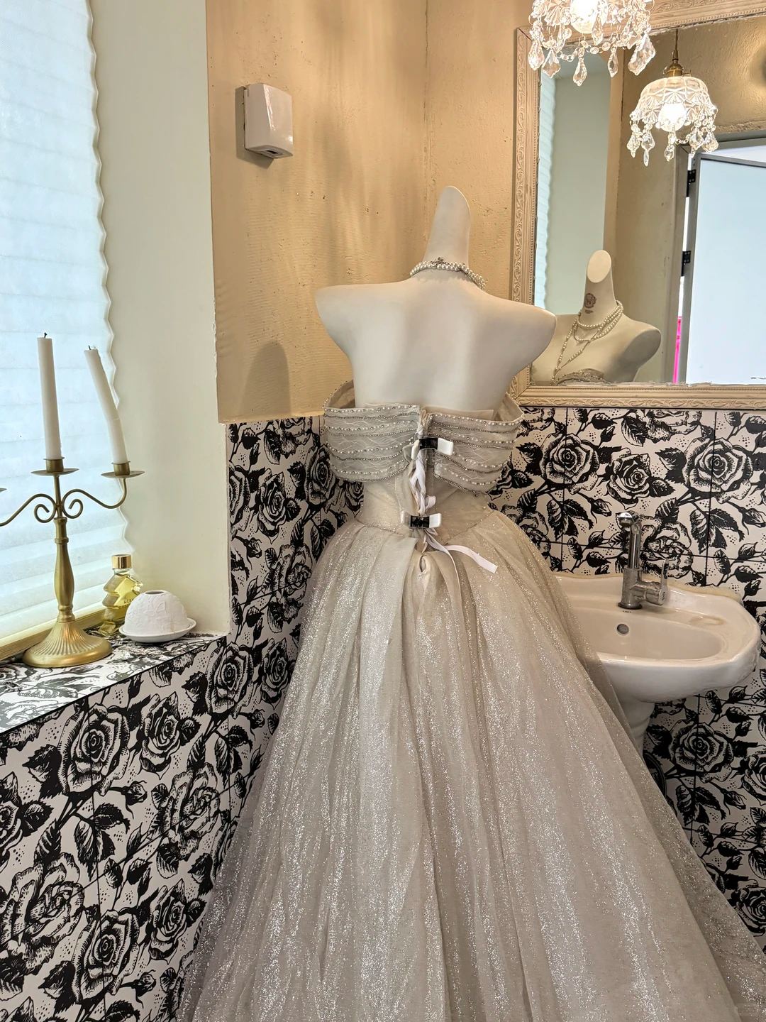 Ivory Strapless Beaded Waist-Cinched Full Flared Long Vintage Romantic Dress, Wedding Gown gh7562