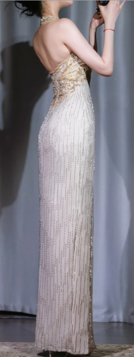 ✨Girlhomeshops-Champagne Mermaid Evening Dress, Halter V Neck Backless Hand Beaded High Slit Formal Gown gh9931
