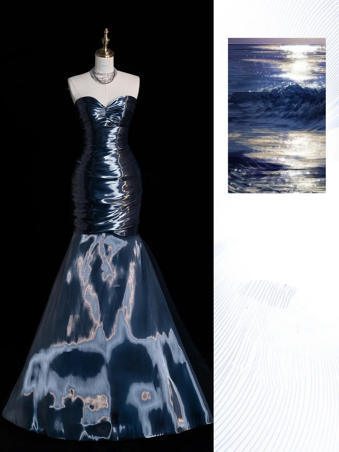 Robe de soirée longue sirène bustier imprimée vagues bleu profond gh6746