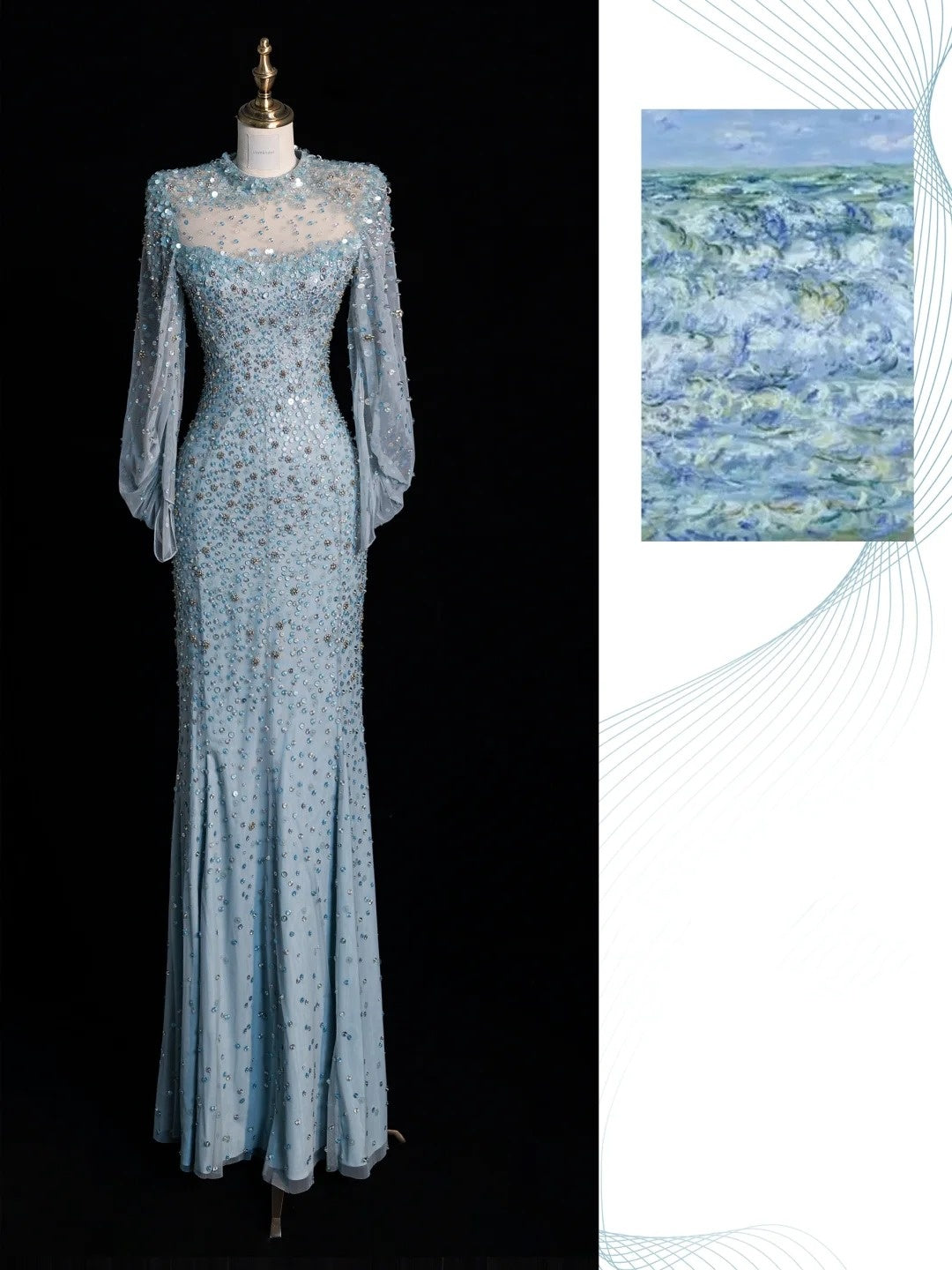 Robe de soirée sirène bleu clair à col montant et perles, style impressionniste, référence gh6748