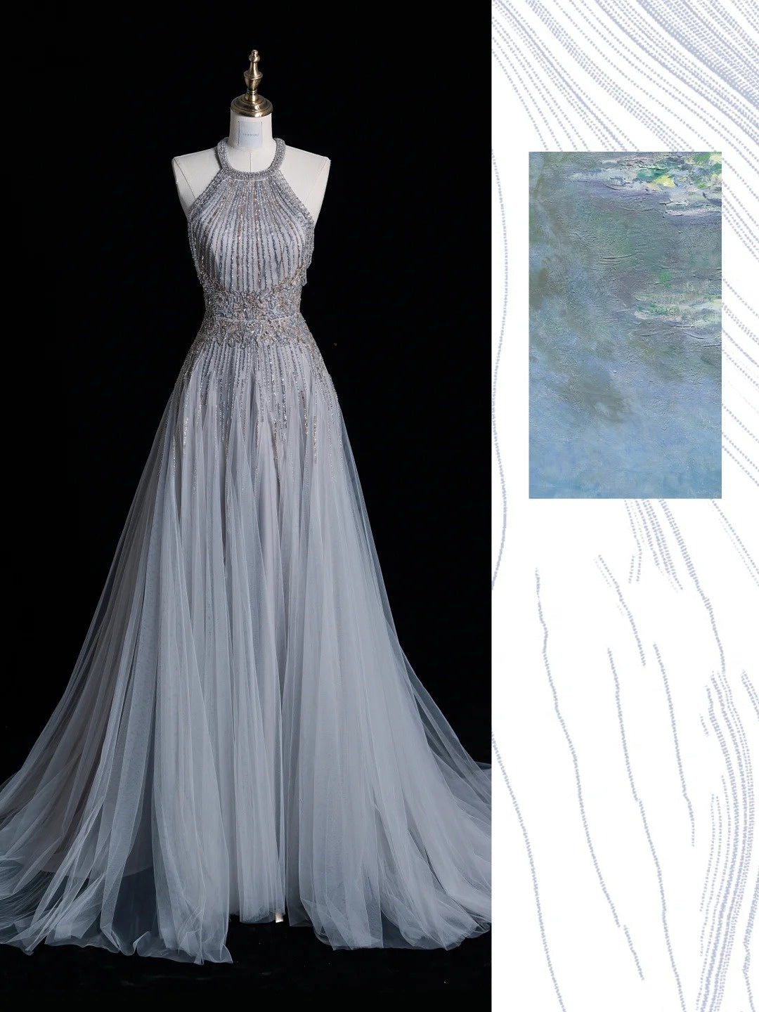Robe de soirée longue dos nu à perles et motif nénuphars gris clair gh6750