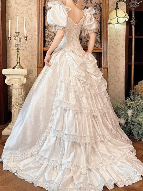 Off‑White Puff Sleeve Vintage Fitted Waist Full Flared Skirt Prom Gown, Wedding Dress gh8593
