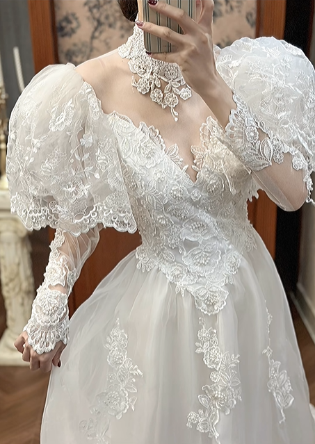 Ivory Vintage Lace Ball Gown Wedding Prom Dress, Mock Two‑Piece Lace High Neck V‑Neck, Lace Puff Cape Sleeves, Multi‑Tier Lace Long Train gh8699