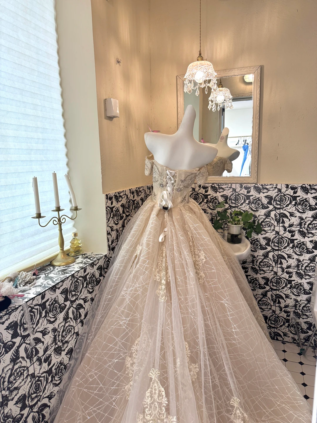 Light Apricot Off-the-Shoulder Waist-Cinched Full Flared Long Luxury Romantic Dress, Wedding Gown gh7672