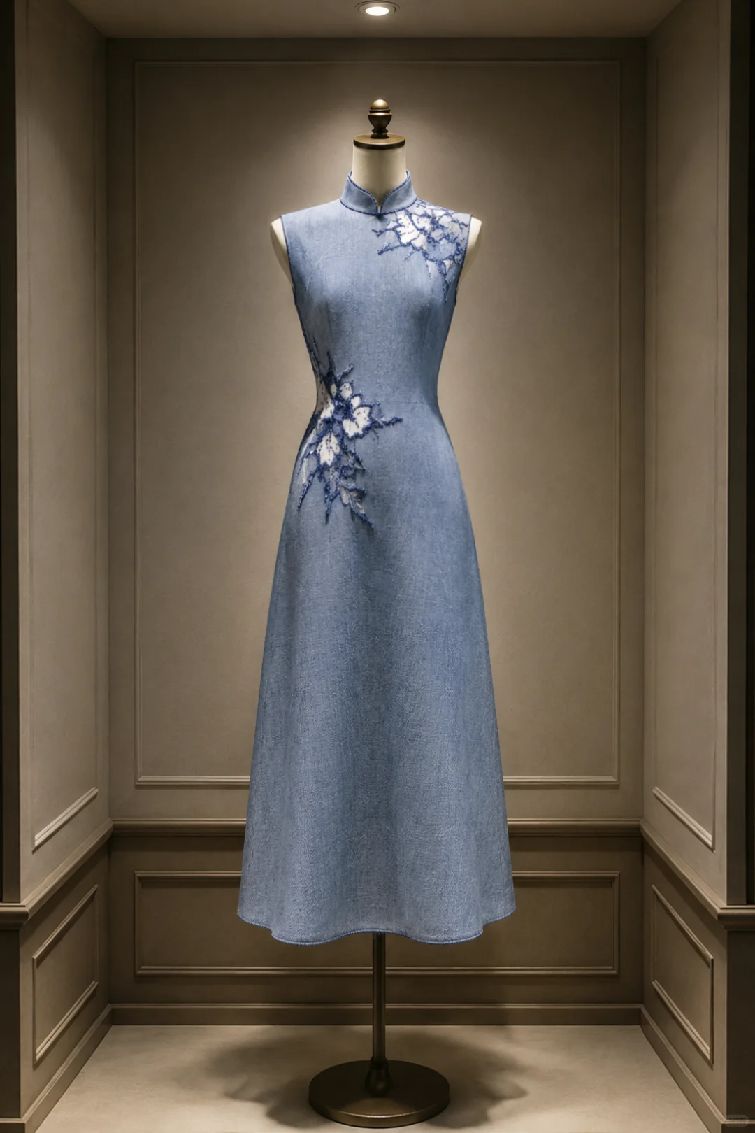 ✨Girlhomeshops-Light Denim Blue Blue White Floral A-Line Midi Cheongsam Qipao gh10442