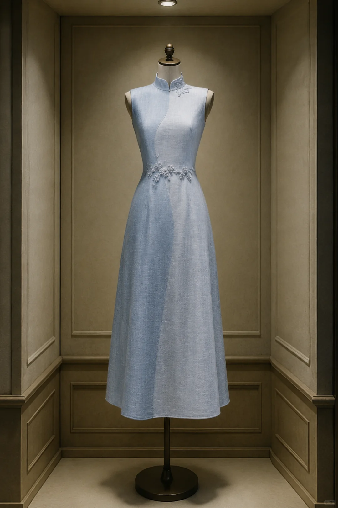✨Girlhomeshops-Light Blue Color Block 3D Floral A-Line Midi Cheongsam Qipao gh10445