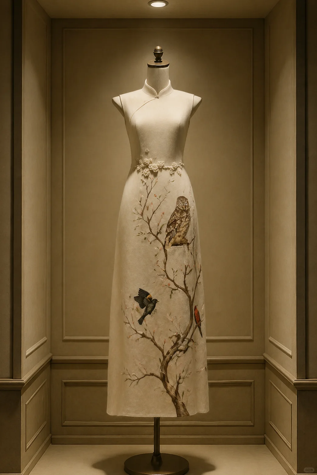 ✨Girlhomeshops-New Chinese Style Ivory Qipao Dress, Sleeveless Slim Fit, Nature Bird Owl Embroidery, Elegant Long Formal Gown gh10469