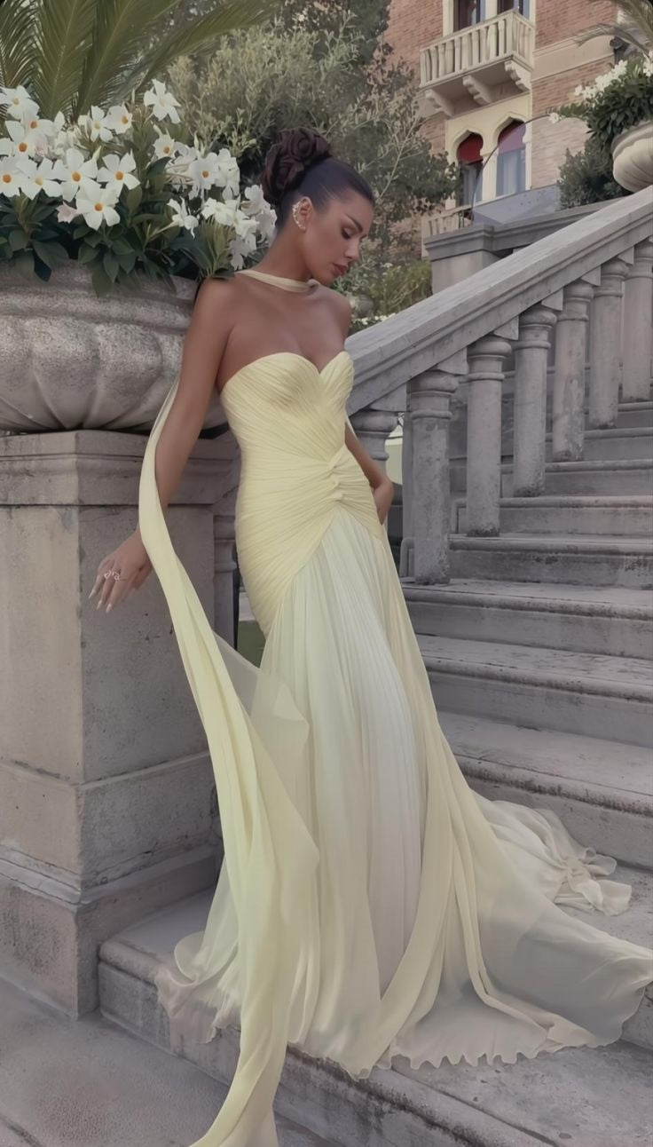 girlhomeshops-(Inklusive Schal) Gelbes elegantes Hochzeitsgastkleid gh6326