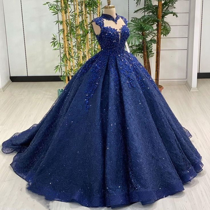 Robe de soirée élégante en tulle longue avec appliques de paillettes bleues brillantes, robe de remise de diplôme, robe de Quinceañera gh3126