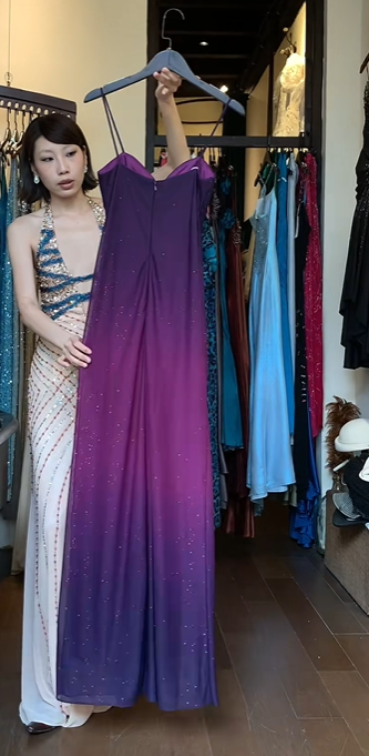 Ombre Purple Spaghetti Straps Evening Gown Ruched Rhinestone Sparkly Chiffon Long Formal Prom Dress gh9751