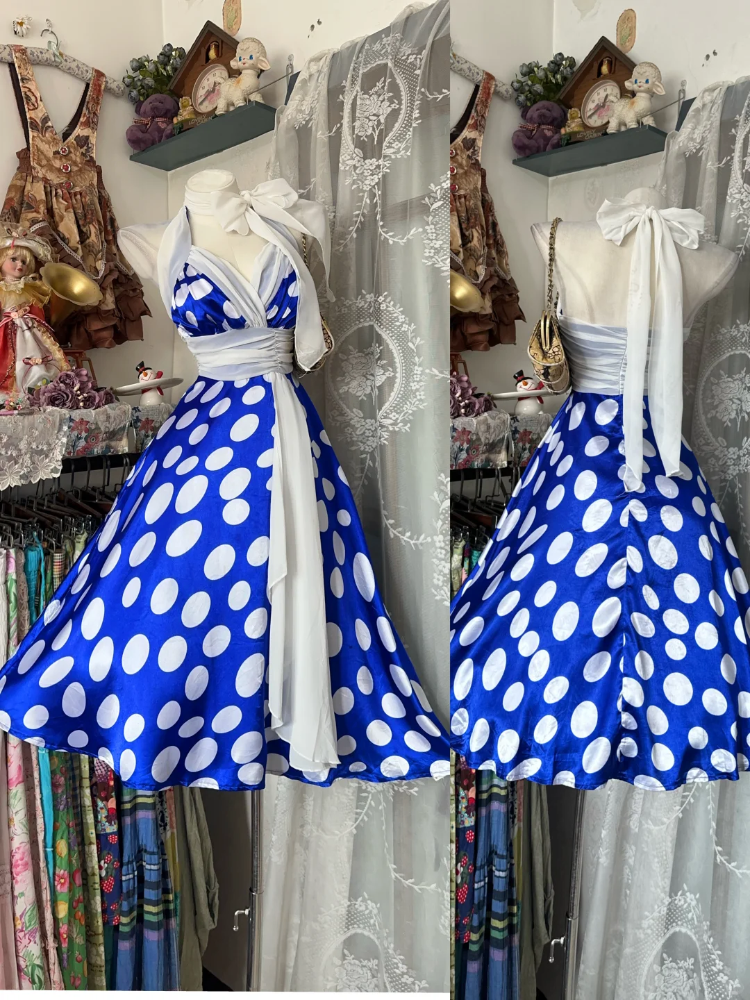 Sexy Vintage Blue Base White Polka Dot Halter Fitted Waist Flared Skirt Prom & Evening Party Dress gh8477