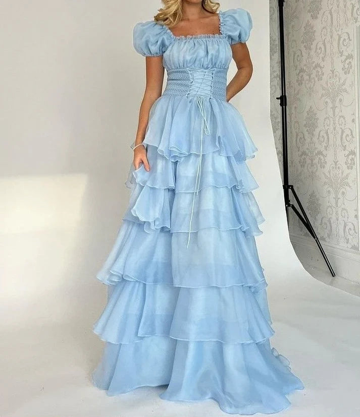 Robe de soirée princesse bleue élégante, coupe trapèze, manches courtes, longue, en tulle, robe de bal, gh4197