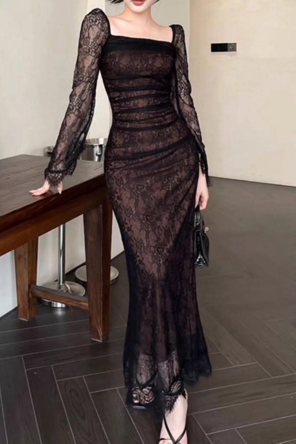 Glam Black Lace Mermaid Maxi Dress | Square Neck Sheer Fitted Dress, Gala Fashion Friends Gathering Outfit gh6450