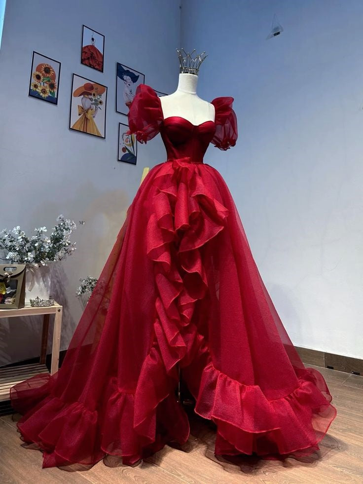 Robe de soirée princesse rouge élégante, coupe trapèze, manches courtes, longue, en tulle, robe de bal, robe de mariée, gh4198