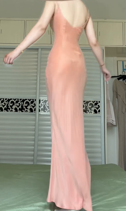 Peach Pink V‑Neck Spaghetti Strap Long Evening Gown, Fitted Mermaid Maxi Dress, Stretchy Soft Fabric Formal Dress gh8940