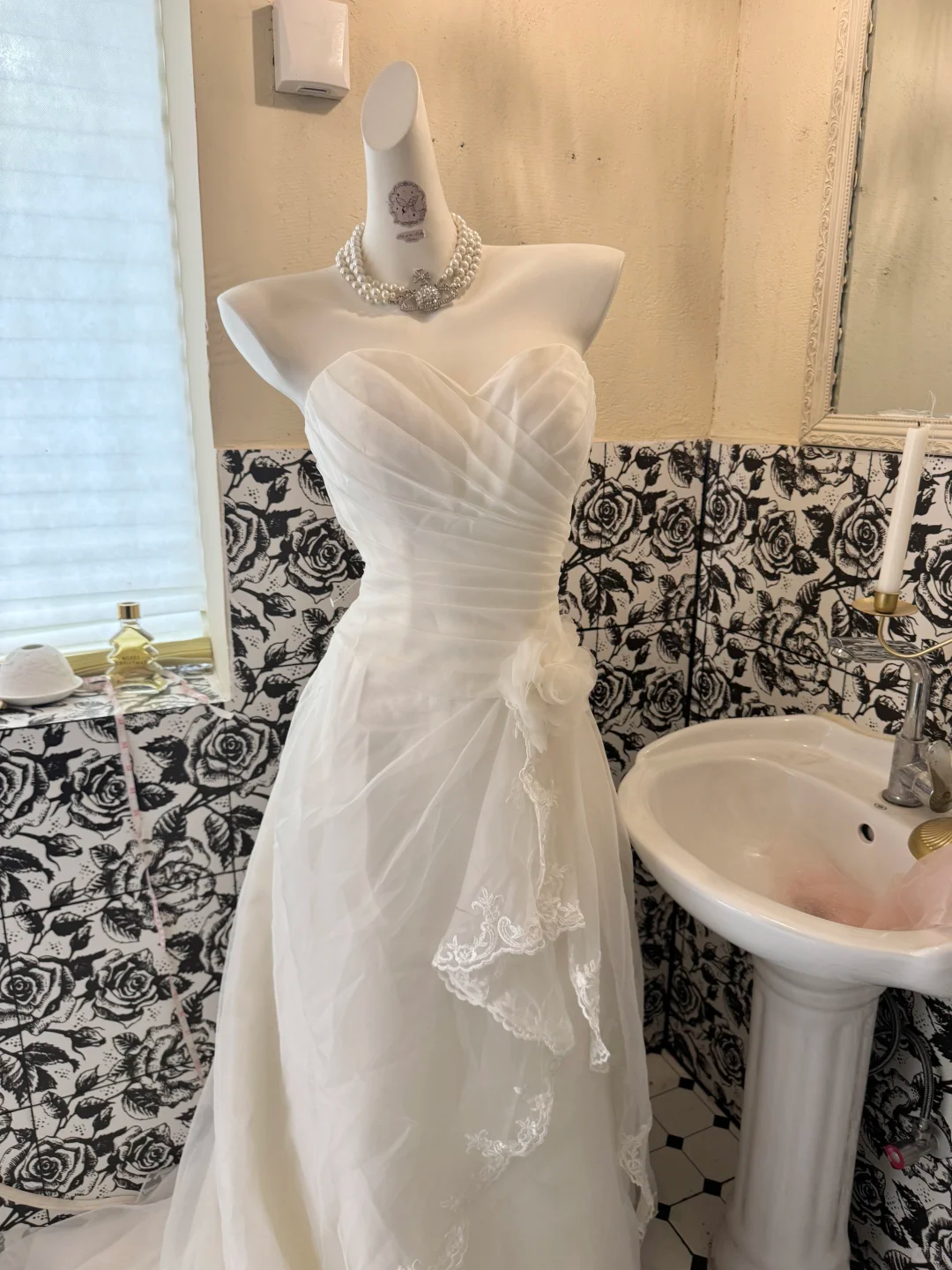 White Strapless Cinched Waist A-Line Skirt Long Romantic Dress, Wedding Gown gh7802