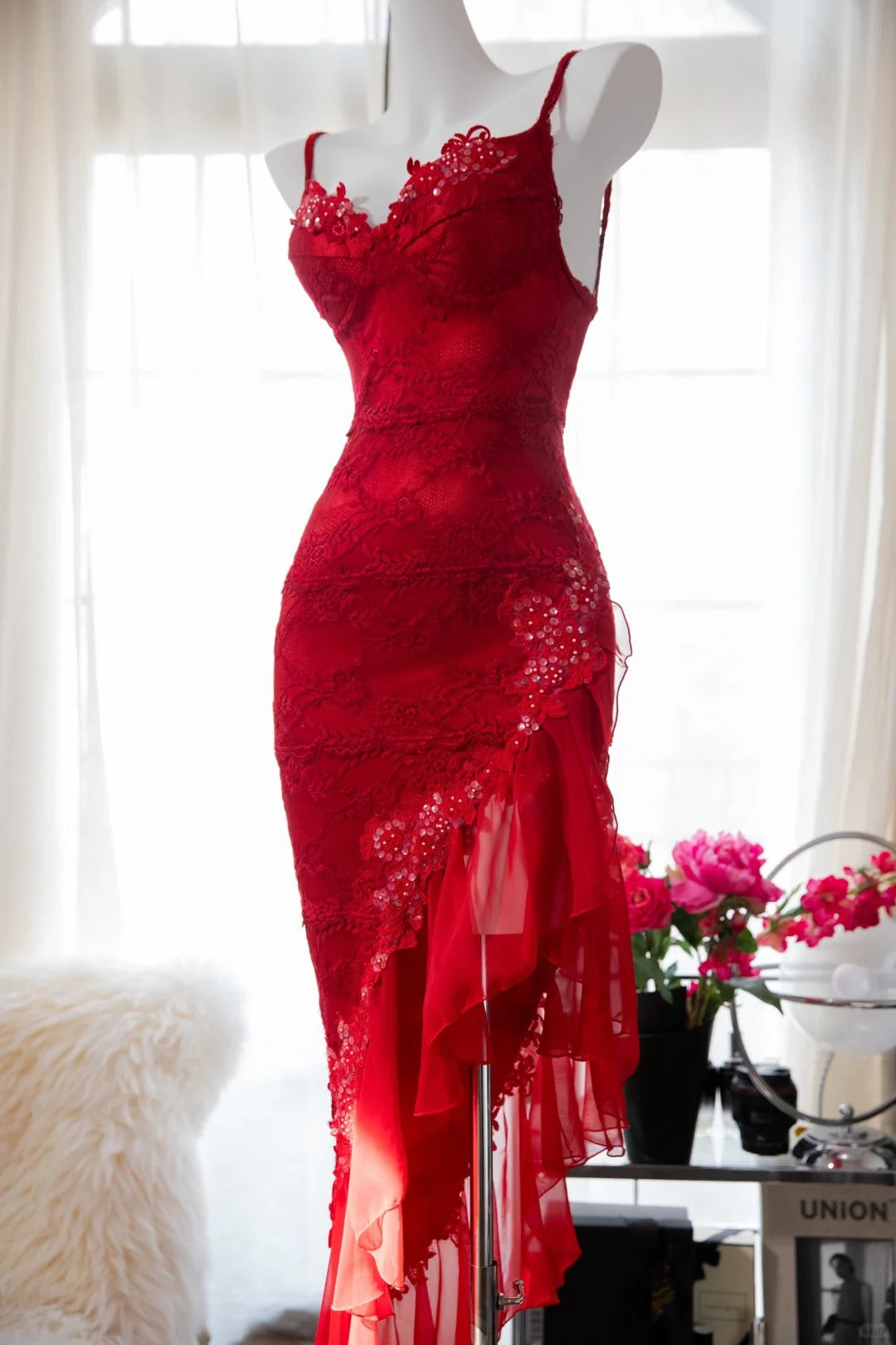 Red Fashion Elegant Delicate Floral Beaded Spaghetti Strap Midi Ruffle Mermaid Slim Fit Lace Chiffon Ball Gown Birthday Party Dress Evening Gown Prom Dress gh3977