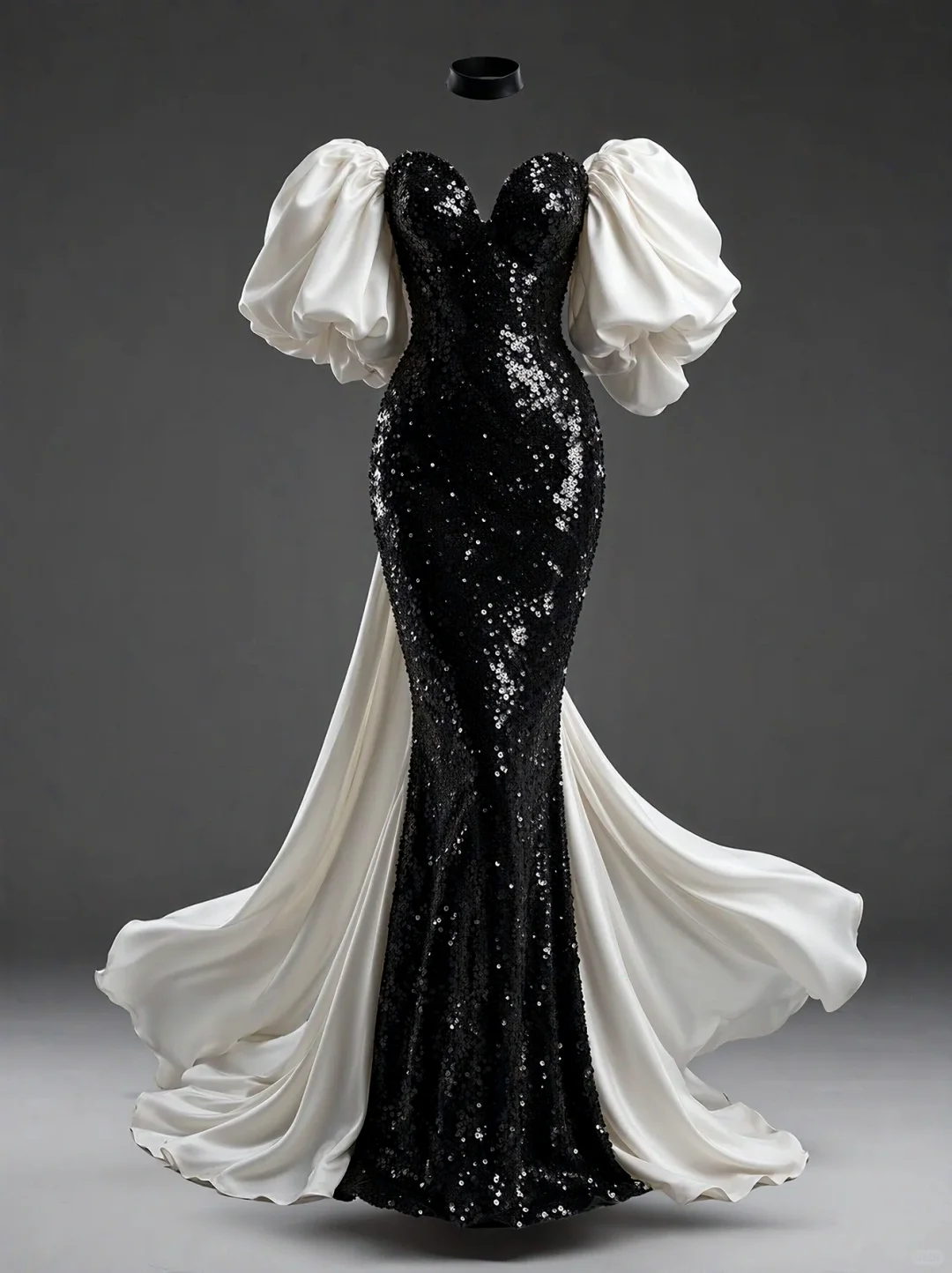 ✨Girlhomeshops-Sweetheart Black Sequin Mermaid Gown with Detachable White Satin Puff Sleeves & Train gh10504