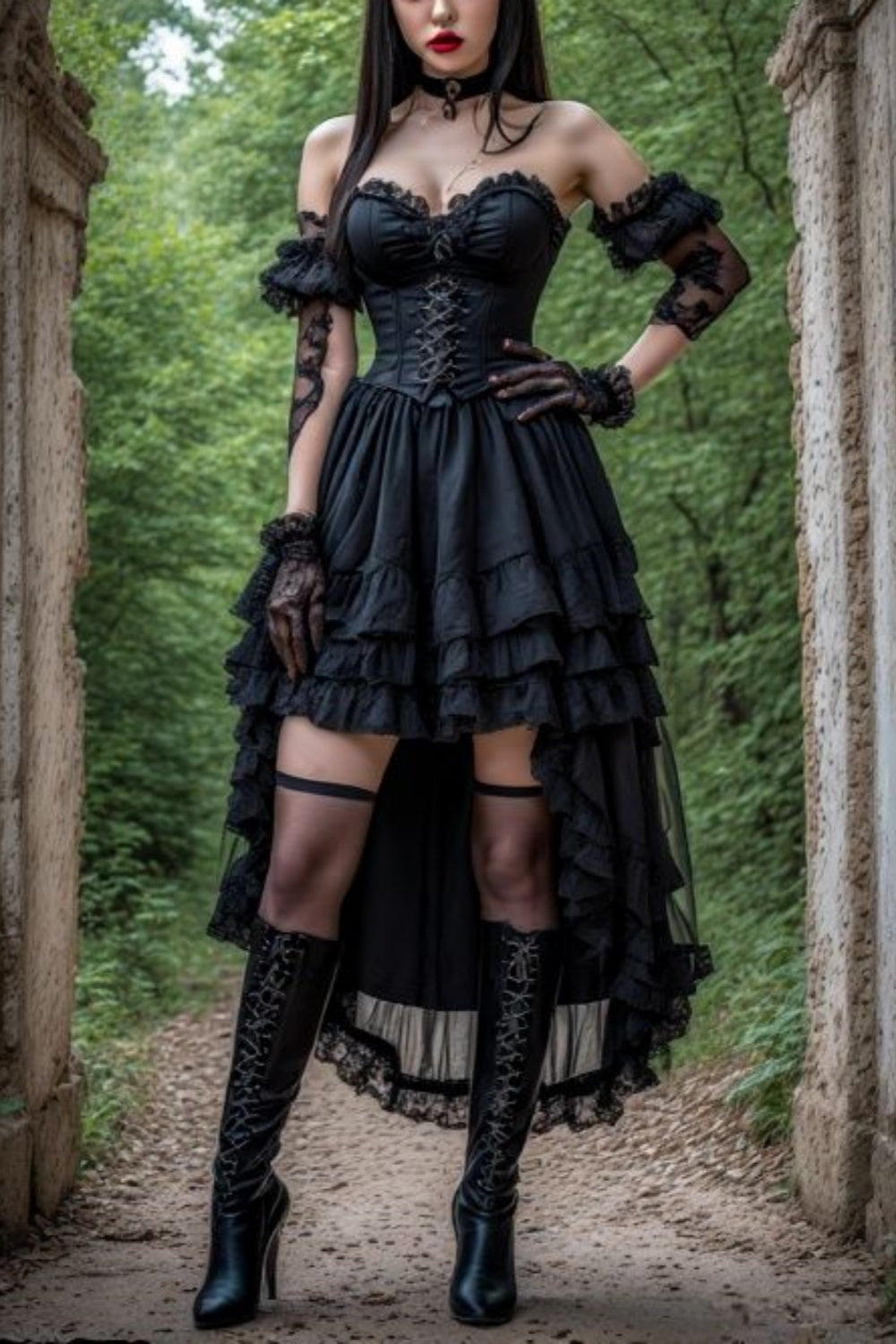 girlhomeshops – Schwarzes, einzigartiges, kurzärmeliges, asymmetrisches, transparentes Korsett-Partykleid gh6191