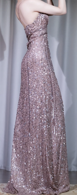 ✨Girlhomeshops-Spaghetti Strap Dusty Pink Long Sequin Formal Party Dress gh9995