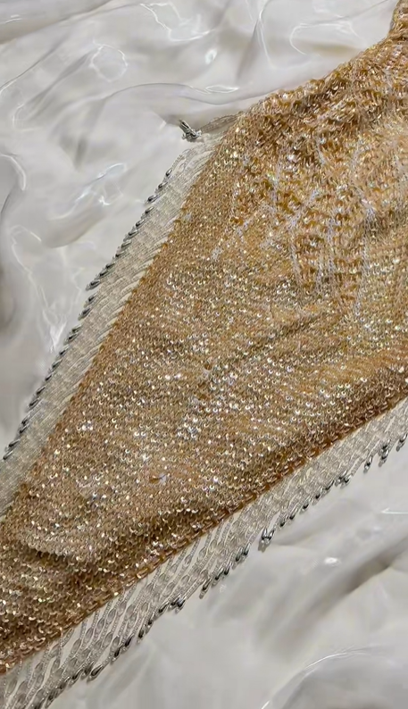 Elegant Champagne Gold Spaghetti Strap Sequin Fitted Waist Prom & Evening Party Dress gh8524