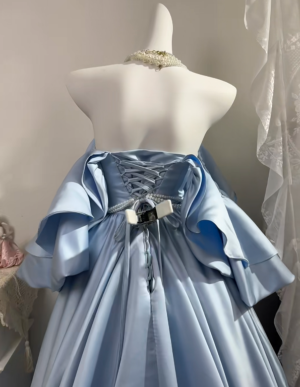 Dusty Blue Satin Long Evening Gown, Off Shoulder Ruffle Puff Sleeve V-Neck Pearl Waist Chain A-Line Ball Gown gh9268
