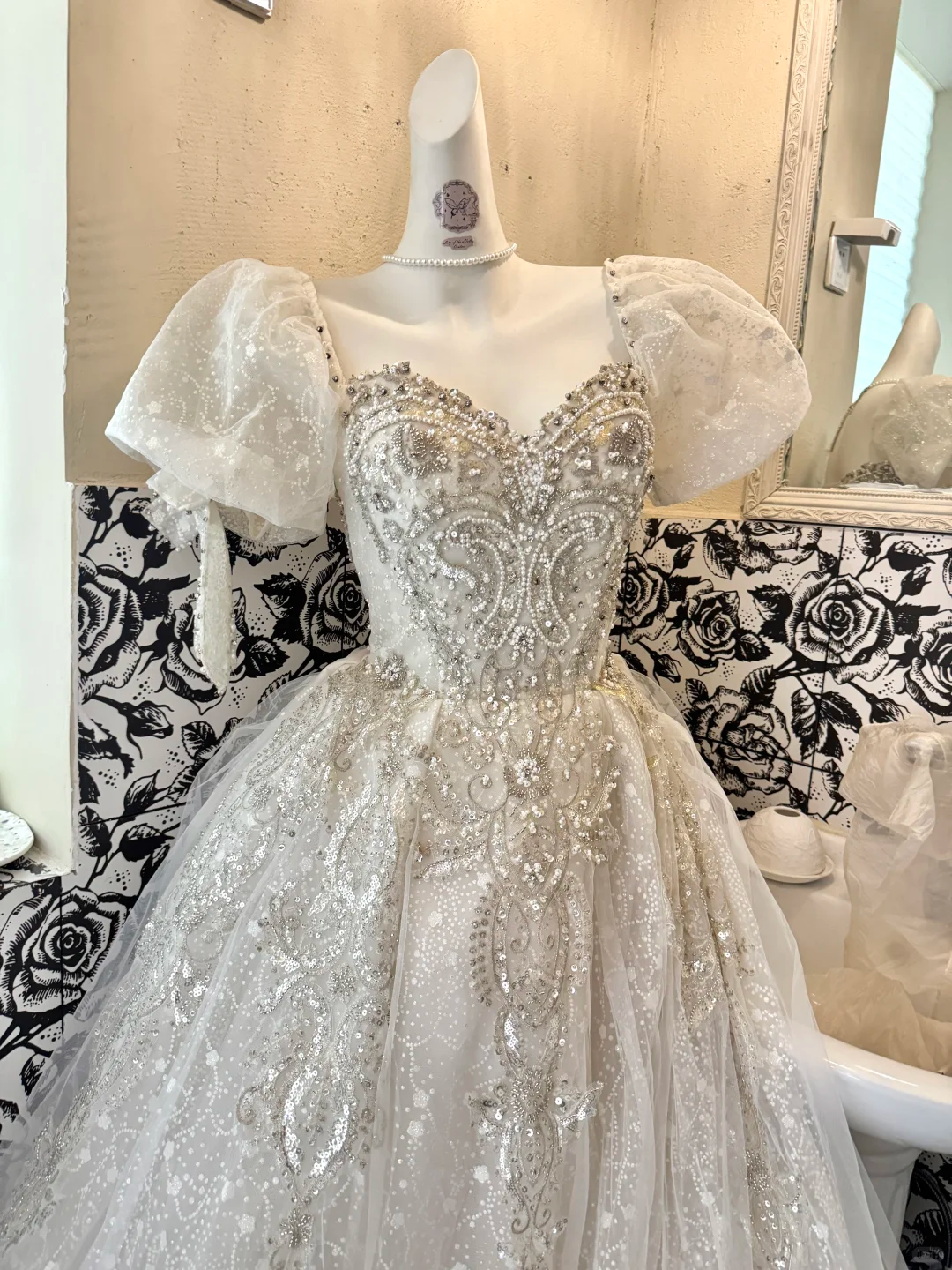 Ivory Puff Sleeve Square Neck Beaded Cinched Waist Voluminous Skirt Long Romantic Dress, Wedding Gown gh7783